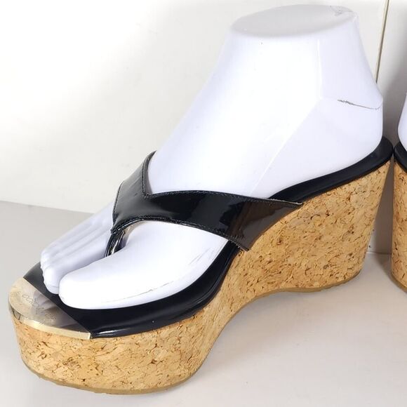 Jimmy Choo Women's Pathos Black 38 US7,5 Patent Leather Cork Thong Wedge Sandals - Picture 7 of 16